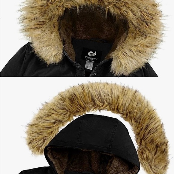CHERFLY WINTER FLEECE LINED With Faux FUR TRIM HOOD PUFFER COAT JACKET BLACK MED - Picture 4 of 8